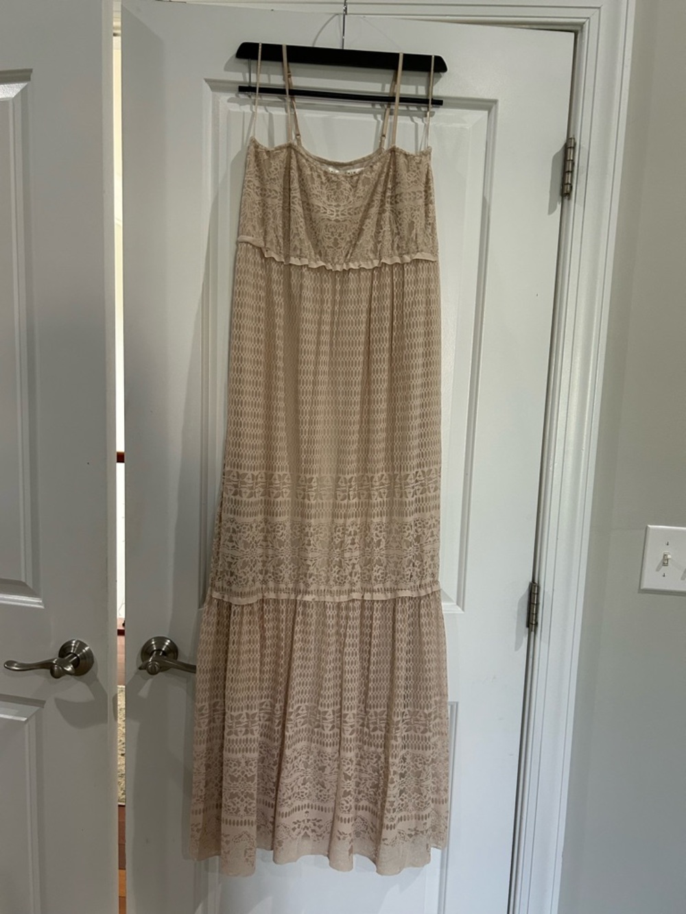 Beige Lace Maxi Dress with Spaghetti Straps